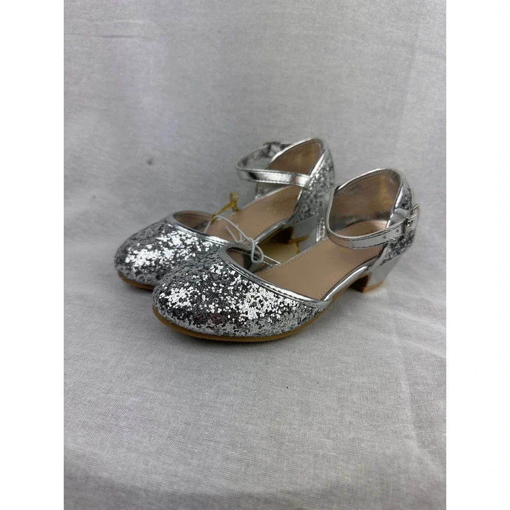 Leading Role Kids Silver Glitter Heels Ankle Strap‎ Dress Shoes Size 11/12